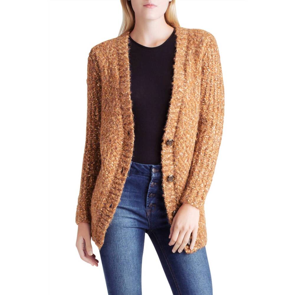 NEW KENSIE twisted slub boucle long sleeve cardigan in brown
